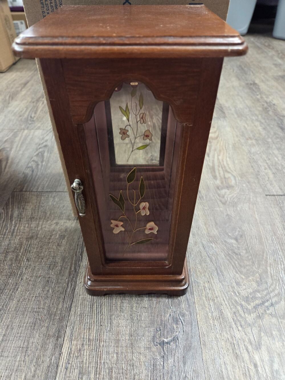 Farrington Vintage Wooden Glass Front Velour Lined Mirrored Jewelry Box Holder